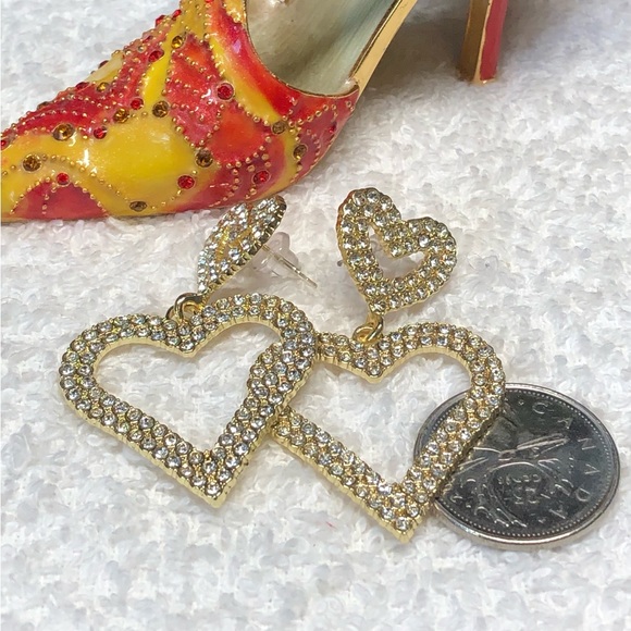 Large gold and rhinestone heart earrings —NWOT - Picture 2 of 9